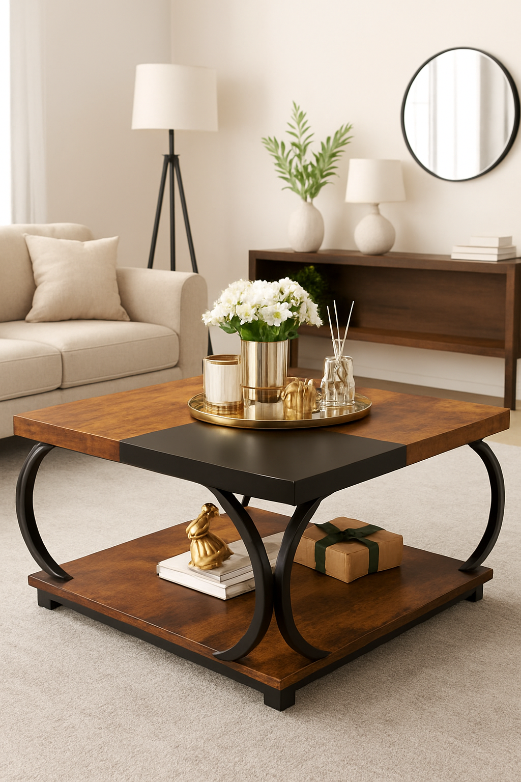 Rustic Square Coffee Table with Natural Wood Veneer